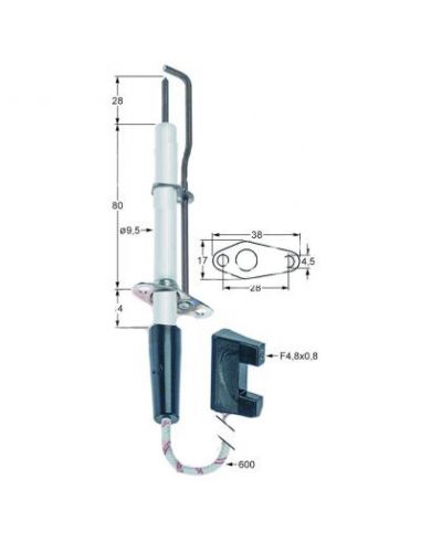 Ignition electrode gas oven Rational flange length 38mm flange width 17mm D1 ø 9,5mm L1 28mm BL1 80mm